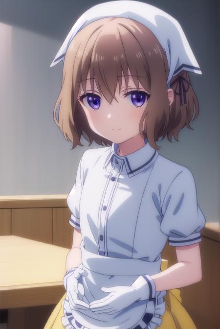 mafuyu hoshikawa, short hair, bangs, brown hair, ribbon, (purple eyes:1.1), hair ribbon, black ribbon, long sleeves, dress, pantyhose, black pantyhose, brown footwear, black pants, red dress, skirt, shirt, thighhighs, gloves, short sleeves, pleated skirt, puffy sleeves, white gloves, apron, white thighhighs, puffy short sleeves, zettai ryouiki, waist apron, white apron, waitress, (yellow skirt:1.2), (yellow shirt:1.2), head scarf,