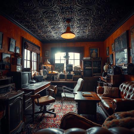 (ANTIQUE, NOSTALGIC, VINTAGE, RETRO THEMED DECOR), (Captured with a Hasselblad wide-format camera with a 85mm Zeiss lens at f/1.8), Sharp Focus. (Dynamic Random Angled Shot), (Layered Foreground), (Fluorescent Lighting) with (Stark Contrasting Shadows), (cluttered detailed home office), [Smoke-Stained Windows], Retro Desk, (weathered leather desk chair, retro sofa), hoarder's paradise, hoarded vintage technology all over, (richly painted bright textured walls, dark embossed ceiling), (Creative Light Source), [Extremely Subtle Glowing Light], ZOOM-OUT,