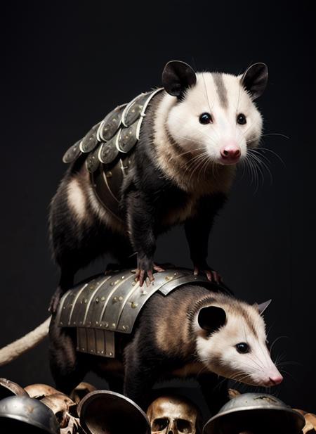 Possum wearing insanely detailed metal battle armor standing on a pile of skulls, Alessandro Casagrande, Greg Rutkowski, two tone lighting, dimly lit, low key, high definition RAW photo,  sharp focus, masterpiece <lora:Possum:0.3> <lora:epiNoiseoffset_v2:0.7>