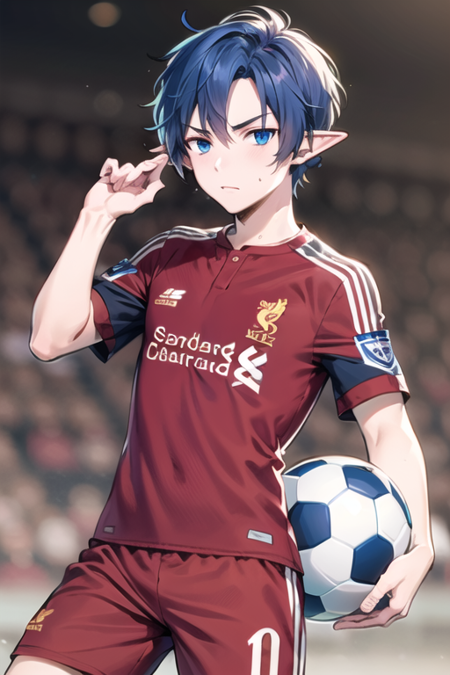 <lora:CielElsword-09:0.7>, ciel, solo, blue eyes, blue hair, pointy ears,1boy, soccer uniform, soccer ball, liverpool fc