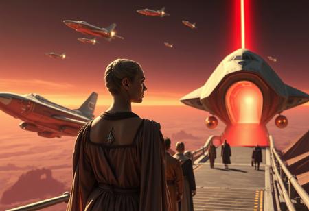 At the ramp to the alien royal space shuttle, a beautiful alien princess (shown in close-up) looks back for one last look at her home planet, which she leaves for good. The princess's gaze is sad. The princess's robe has a marching character and symbols of her belonging to the ruling dynasty. The expression of anxiety on the faces of several courtiers accompanying the princess. Several cigar-shaped spaceships shine in the sky above, on which the survivors of the attack on their home planet of the enemy xenomorphic race left the planet. On the horizon in the distance you can see a red streak of fire glow and several flashes against the background of the glow.