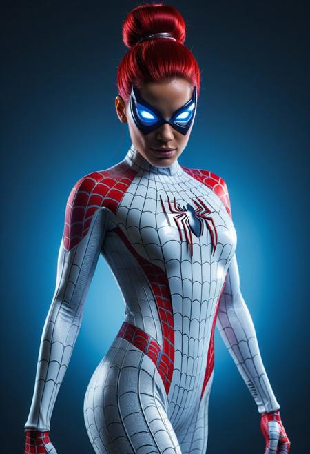 very high quality, very high detail, masterpiece, hyperdetailed, hyper-realistic, photorealism, cinematic lightning, 12k, 1girl, imtdspinneret, cyborg enhanced body, Cybernetic imtdspinneret suit, cybernetic limbs, cyborg limbs, sleeveless, cybernetic imtdspinneret mask, domino mask, glowing eyes, bodysuit, spider web print, red hair, hair bun, single hair bun, gloves, breast, fit body, skin tight, fit legs