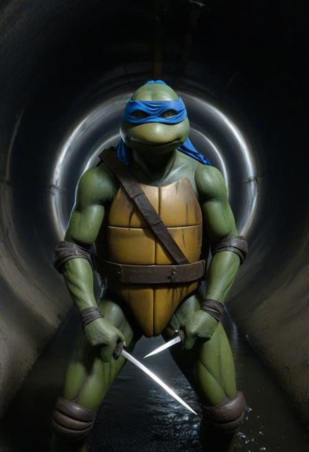 tunnel, sewer tunnel, reflection, creepy, dark, dirty, TMNTLEONARDO, in a sewer tunnel, WEARING BLUE BANDANA MASK WITH EYE-HOLES, SWORDS SHEATHED ON BACK, FIGHT STANCE