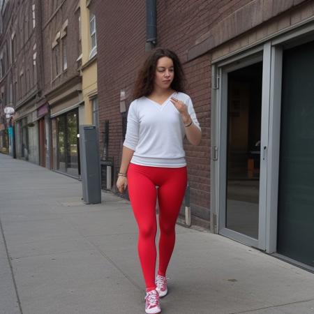 1girl, Very desperate to pee, in tight red leggings, cameltoe, front view, medium shot,