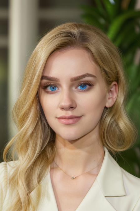 3v4vl44r, portrait, facial focus, blonde, perfect face, stunning eyes, upper teeth, stunning blouse, on a reality game show giving an interview