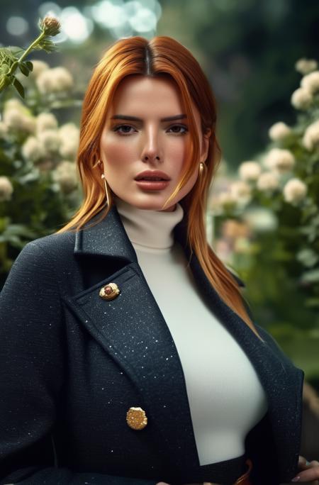 bella thorne, wearing a coat and a turtleneck shirt, posing in a garden, photorealistic, bokeh, film grain, sharp focus, (masterpiece, best quality, ultra_detailed, highres, absurdres:1.2)