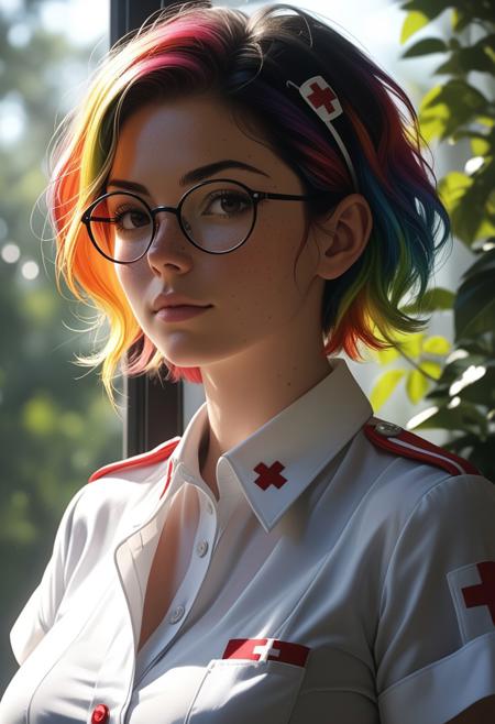 1girl, 40yo, short hair, rainbow colored hair, hairpin, round glasses, freckles, seethrough,  nurse soldiers uniform, dappled sunlight, (Misterious mood Soft Lighting Photography), TWbabeXL01 beautiful (woman), side soft light, black over black, highly detailed,  detailed realistic photography, masterpiece full body photo, finely detailed skin, perfect big breasts, professional color grading, epiCPhoto,   OverallDetailXL <lora:OverallDetailXL:0.6> <lora:TWbabeXL01:0.3> <lora:MJ52:0.3>
