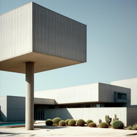 best quality, architecture, (Tadao Ando architecture), Architecture seen from the outside, soviet architecture, rectangular windows, megastructures, photorealistic, retro, (soviet:1.2), low saturation, dirt, futuristic, concrete and shiny metal, details, texture, symmetric, dynamic light, film grain, <lora: soviet architecture:0.8>, desert, mist, fog, (peoples), lake, pool, sand, (tropical plants:0.5), (tropical trees:0.3), Cactus,