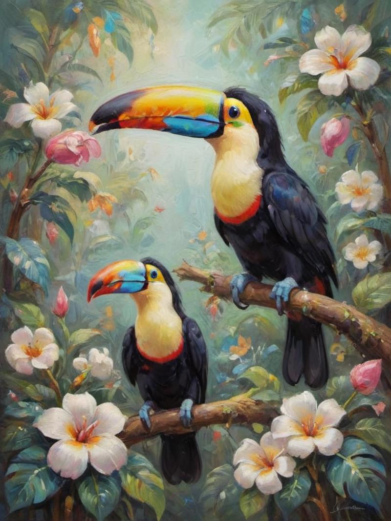 Two Toucan Birds Perched on a Tree Branch with Pink Flowers.