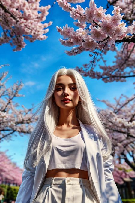 upper body, a beautiful 1woman long white hair, open jacket white shirt, posing under sakura blossoming petals flowers, ink splat, light particles watercolor painting, soft pastel style, blue sky,