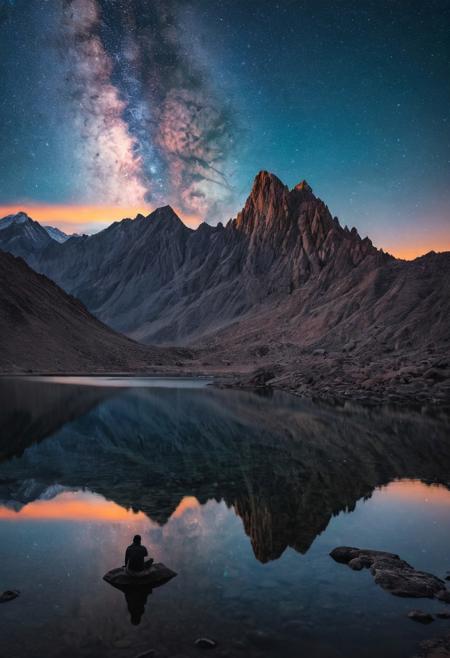 SLEEPING BEAUTY MOUNTAINS SHOT BY MICHALE SHAINBLUM. , huge arch on the lake, alien structures, alien landscape. highly reflective lake, silhouette figure in closeup watching the sky,