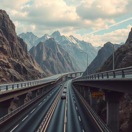 a pov on a multy level elevated highway,bwtween mountains, clowdy day, futuristic cyberpunk