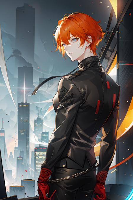 masterpiece, best quality, 1 male, adult, handsome, tall muscular guy, broad shoulders, finely detailed eyes and detailed face, extremely detailed CG unity 8k wallpaper, intricate details, orange hair, old leather jumper, black leather pants, looking back, abandoned city, grey sky, depth of field