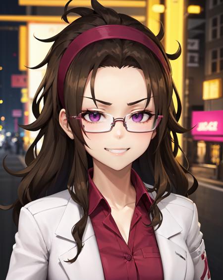 best quality, (masterpiece:1.2), illustration, absurdres,
(1girl), (solo), (beautiful detailed girl), ((upper body, portrait)),
<lora:Rosalie-07:0.7>, brown hair, long hair, messy hair, burgundy headband, forehead, purple eyes, medium breasts,
glasses, half-frame glasses,
labcoat, burgundy shirt, 
looking at viewer, (smug:1.1), grin,
city street, modern city, neon lights, night, (cyberpunk:0.8),