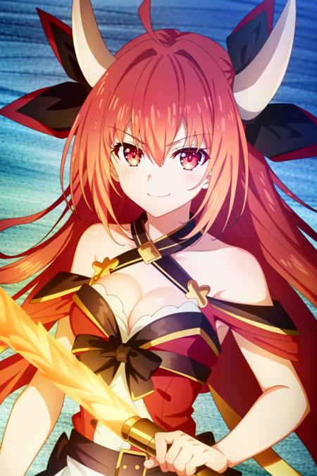 (extremely detailed CG unity 4k wallpaper),(masterpiece),(best quality),(ultra-detailed),(best illustration),(best shadow),(absurdres),(detailed background) <lora:OGT_Kotori_Itsuka-v2:1> Kotori Itsuka, 1girl, horns, red hair, red eyes, long hair, solo, breasts, cleavage, weapon, smile, ahoge, ribbon