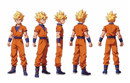 Multi view, front view, front view, side view, rear view, concept art, 1boy, male focus, solo, blonde, super saiyan, full body, white background, spiked hair, boots, exercise suit, standing, simple background, muscle, wristband, goku, orange jumpsuit, hands clenched, arms sides, super saiyan 1, belt, blue footwear