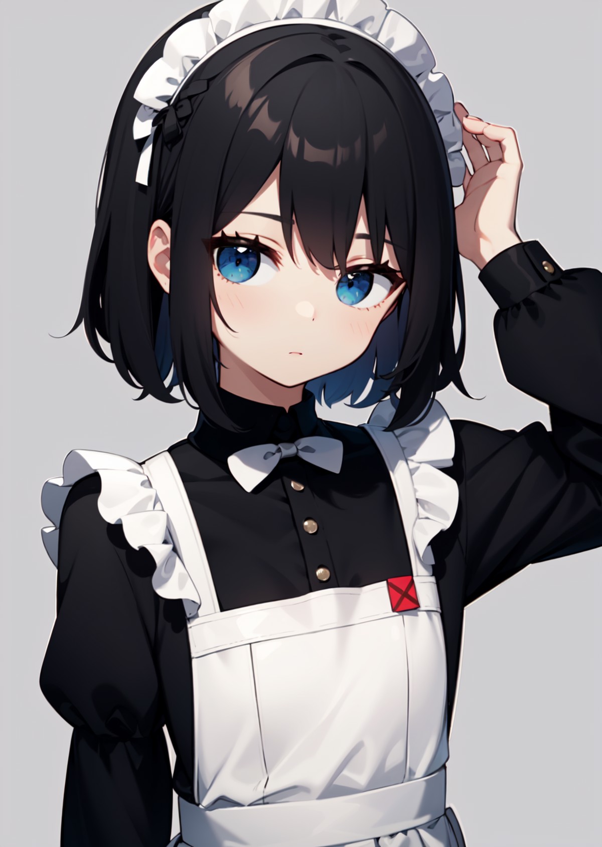solo,  girl, looking at viewer, maid apron, maid head dress, short hair, black hair, expressionless, flat chest