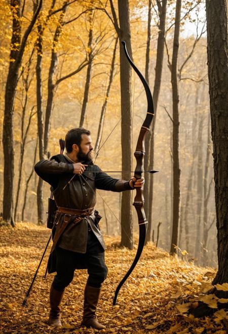 (hunting_recurve_bow:1.6), (composite_limbs:1.5) from horn and wood, (animal_skin_grip:1.4), (fletched_arrows:1.3) with obsidian_heads, (forester:1.4) in leather_armor stalking deer, (autumn_forest:1.5) with golden_leaves, soft_natural_lighting, ultra_detailed_textures, 8k, historical_reference, by Piotr Jabłoński