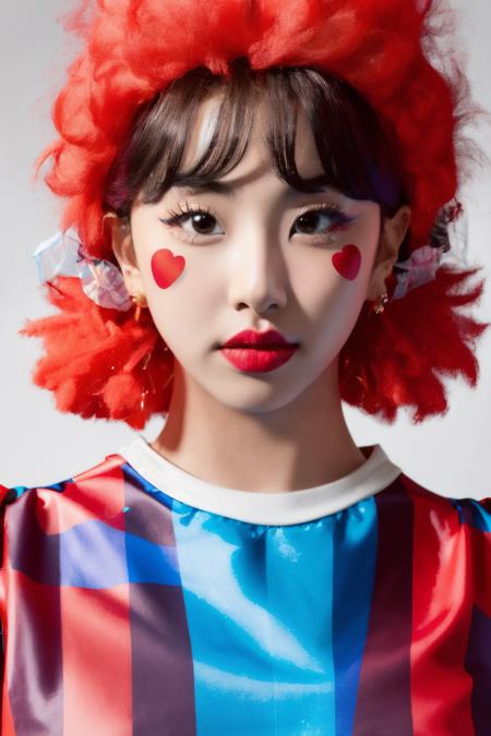 <lora:Chaeyoung_BRA:1>, (a picture of Chaeyoung, clown outfit, clown makeup, red afro wig), (detailed lighting, extremely detailed skin, extremely detailed hair, shadows, 8k), looking at viewer, (High Key Lighting), masterpiece, top quality, best quality, official art, unity 8k wallpaper, highres, ultra-high res, ultra-detailed, beautiful and aesthetic