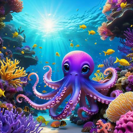 Digital 3D anime art, Medium shot. Octopus puppy chasing fish in the coral reef. Dynamic, saturated colour scene. Iridescent blues and purples, vibrant coral pink, and radiant sunshine yellow. Soft oceanic glow. Delicate rounded textures, fluffy and furry yet intricately detailed. A masterpiece, hyper-realistic, incredibly detailed. Kawaii aesthetic, Width and depth, Soft Gradations of Tone, High Definition Realism, finely detailed, nicely focused.