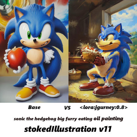 sonic the hedgehog big furry eating oil painting <lora:jgurney:0.8>