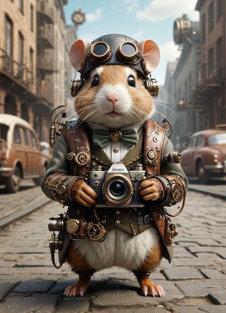steampunk, hamster with camera and headset, as a tourist in the steampunk city, mad-stpk_glvs, High detailed RAW color Photo, 8k  <lora:Gearbound_Steampunk_Chic_1_SDXL:1>