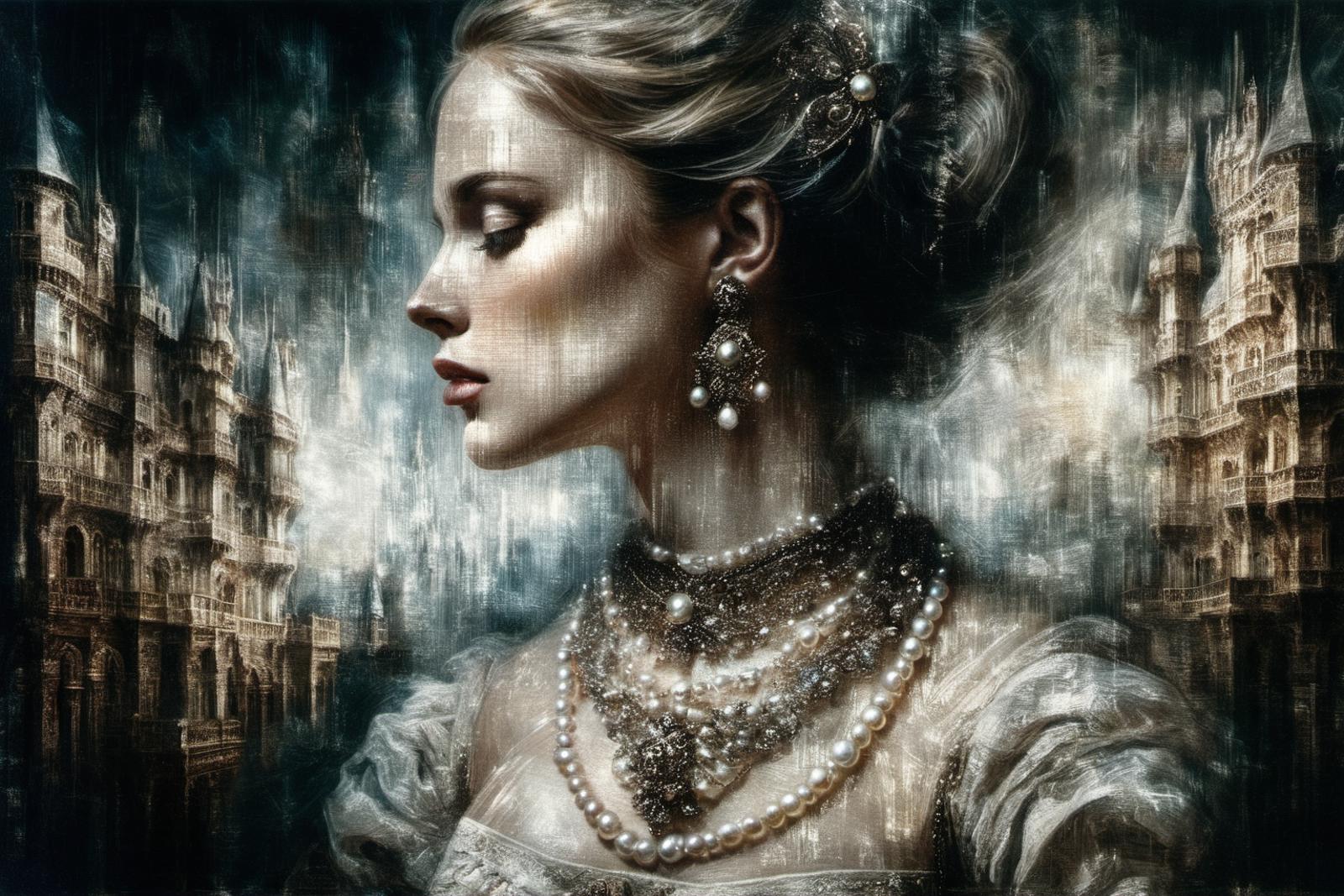A woman wearing pearls and a tiara with a painting of a castle in the background.