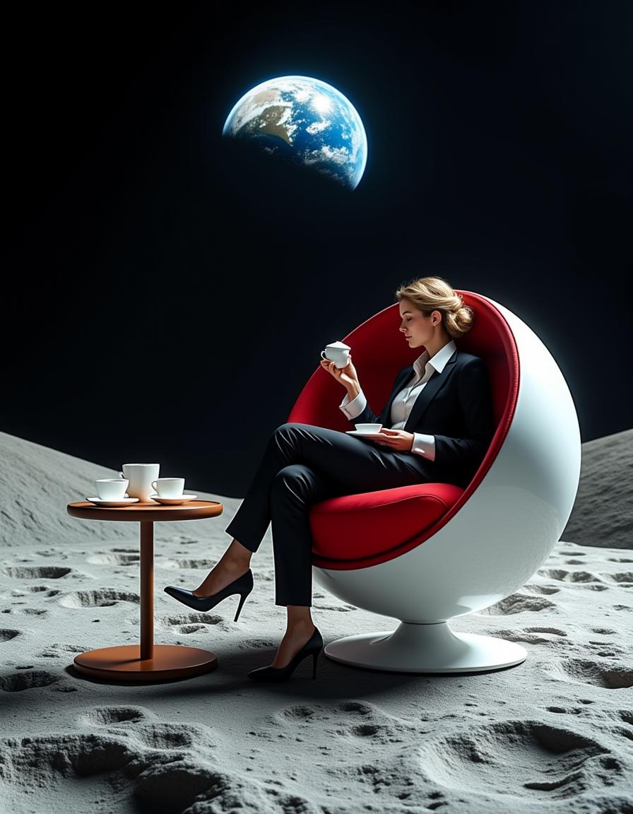 an image of the surface of the moon,
on the moons surface is a coffee table and a white ball globe chair with bright red upholstery
an elegant woman in a business suit sits in the chair casually sipping tea
the (planet earth:2.0) rises into view over the moons horizon directly over the woman's head as she faces the viewer
in the background is the surface of the moon, huge craters aare clearly visible