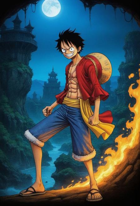 by Noriyoshi Ohrai, (ink, thick outline, comics style illustration by Moebius, milo manara, best quality, masterpiece, realistic, detailed, highly detailed face) of
a haunting scene with 1 Monkey Di Luffy necromancer in a dark fantasy world of diablo. Emphasize eerie atmosphere, high contrast, and interplay of shadow and light, colorful, gothic horror detailed face perspective from below anime, manga, comic, illustration, style by Jesper Ejsing and Frank Frazetta,  Super smiling,Serious