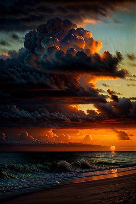 Dramatic clouds rolling in from the sea, casting shadows over a beach at sunrise, vibrant hues of orange painting the sky, hyperrealistic landscape, cinematic lighting, detailed textures, masterpiece digital painting by Ivan Aivazovsky and Claude Monet, 8k resolution, tranquil atmosphere, beautiful scenery.