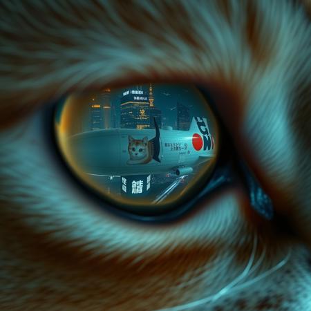 extreme close up portrait of a cat's eye reflecting the a futuristic Tokyo skyline at night from a very high level, the skyline is with futuristic skyscrapers and futuristic transports and futuristic aircraft and spaceships in a variety shapes and sizes, the airships covered with lights and advertisements in Japanese,  reflecting in the cat's eye is a huge airship that has an advertisement with a Japanese cat on the side, the cat's eye has takes up 85% of the image