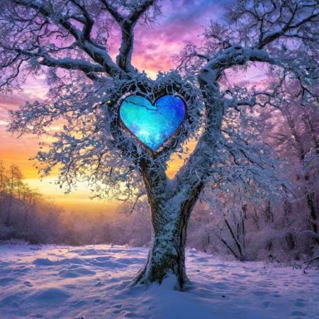 snow covered oak tree stands in the middle of the forest, 
there is a hole in the trunk of the tree with a iridescence Swarovski heart inside, 
colored light shines through the heart, 
show the icy branches hanging down, 
winter background, 
in style of Josephine Wall., 
Broken Glass effect, 
no background, 
stunning, 
something that even doesn't exist, 
mythical being, 
energy, 
molecular, 
textures, 
iridescent and luminescent scales, 
breathtaking beauty, 
pure perfection, 
divine presence, 
unforgettable, 
impressive, 
breathtaking beauty, 
Volumetric light, 
auras, 
rays, 
vivid colors reflects