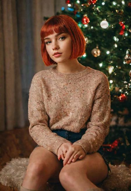 masterpiece 1girl, close up full body instagram portrait of a 18 y.o. teenager, charming sitting, east europe, pretty, beautiful detailed face, shiny skin, after party, christmas tree, cinematic light, (cotton thigh high), red hair, bob cut