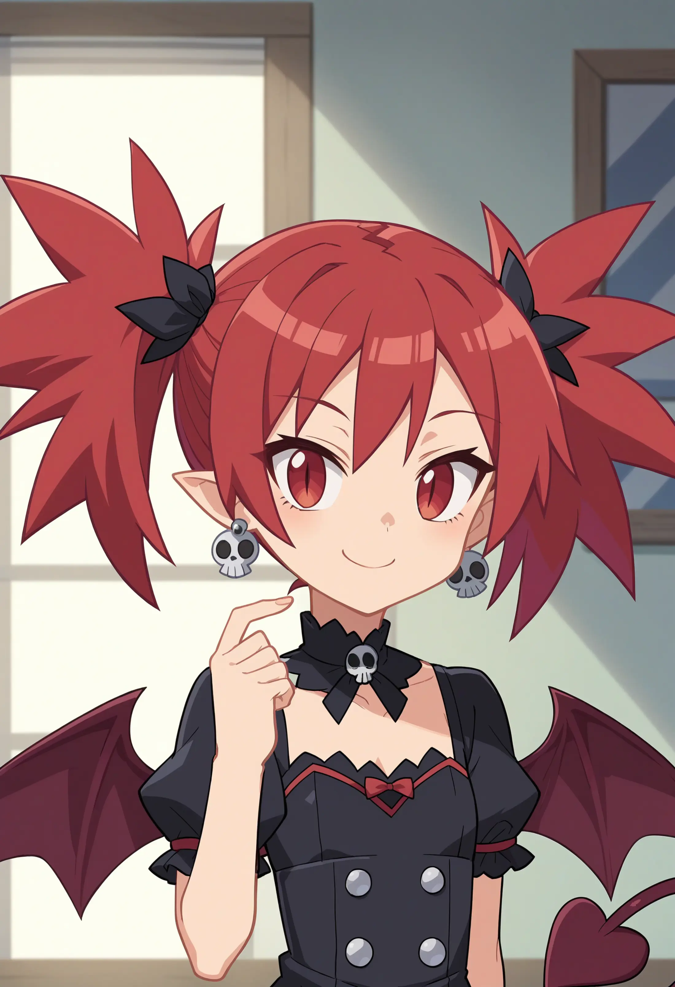 A girl with pointed ears and, red hair styled in twin tails adorned with black hair ties pointing at herself. On her back are a pair of bat-like wings along with a slim tail ending in a heart. She is wearing a pair of silver earrings shaped like skulls, and is dressed in a black dress with red accents, featuring a collar with a skull on it. Her expression is cheerful, with a slight smile playing on her lips. The background is simple and nondescript.