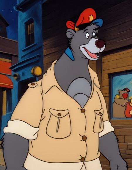 disney style cartoon,  <lora:TaleSpin_-_Baloo_2:0.8> 1boy, bear baloo, cartoon, face, furry, hat, male focus, peaked cap, red headwear, solo, yellow shirt, candy world of disney,( in art style Picasso:1.2), walking on the street, (comedic photograph of the year), [(dimmed, night, dark:1.5) ::0.5], screenshot from the 1983 film,, ultra quality