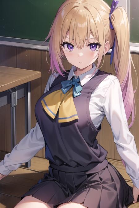 maikawakami, <lora:maikawakamitest:1>, mai kawakami, blonde hair, hair ribbon, long hair, mole, mole under eye, ribbon, side ponytail, (purple eyes:1.2),
BREAK school uniform, skirt, vest, yellow vest,
BREAK indoors, classroom,
BREAK looking at viewer,
BREAK <lyco:GoodHands-beta2:1>, (masterpiece:1.2), best quality, high resolution, unity 8k wallpaper, (illustration:0.8), (beautiful detailed eyes:1.6), extremely detailed face, perfect lighting, extremely detailed CG, (perfect hands, perfect anatomy),