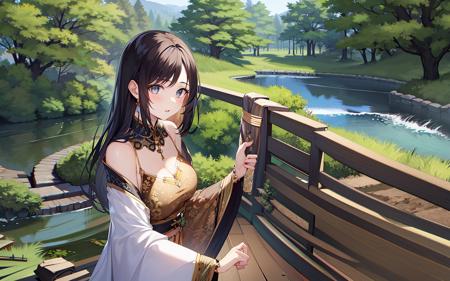 1girl, <lora:sd-No.406-000003:0.8>,forest, river, ornate clothes, upper body,, masterpiece, best quality,