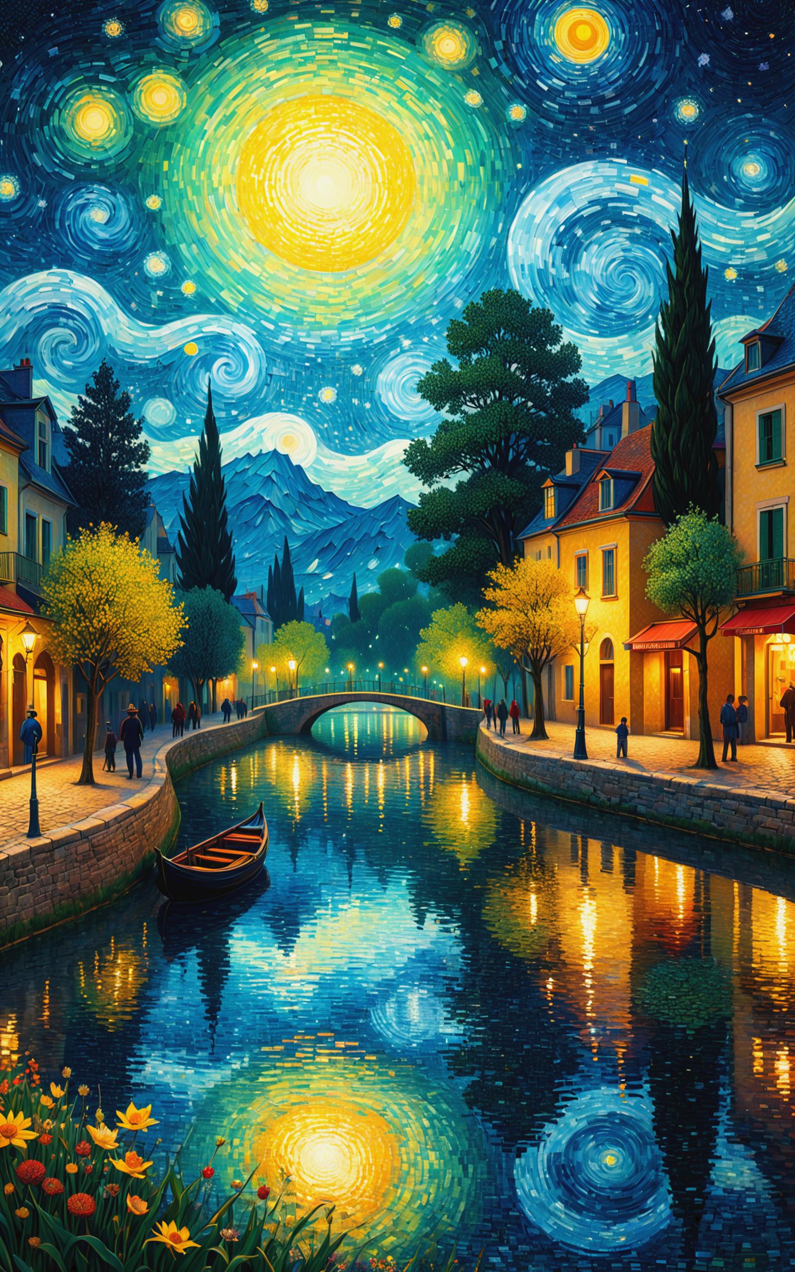 A Painted Image of a City with a Bridge and a Boat in the Water at Night