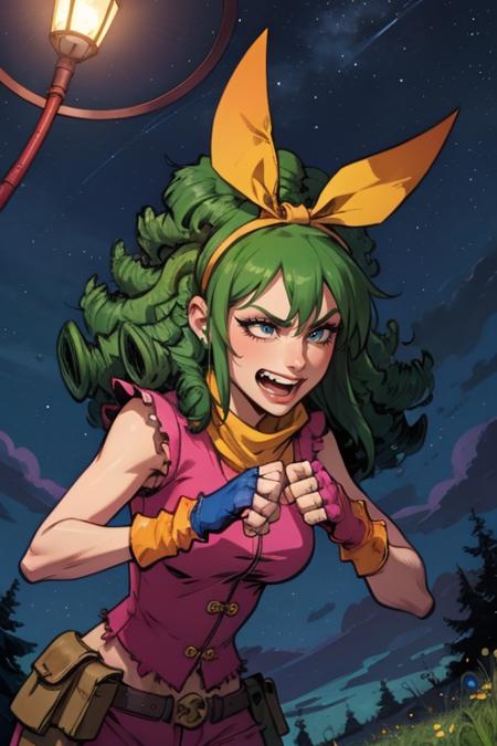 1girl, gloves, outdoors, green hair, sky, teeth, fingerless gloves, tree, night, antennae,👍🤛