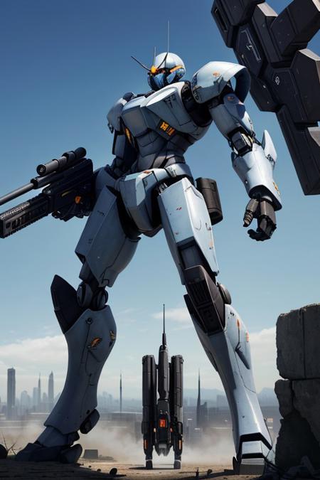 blue mecha armor, (flying toward the viewer:1.20), armaments equipped in the armor, (right hand holding beam rifle:1.20), destroyed city in the background:0.8, (beam rifle equipment on right hand:1.3), (shield equipment on left hand:1.3), mounted missile pod on shoulder