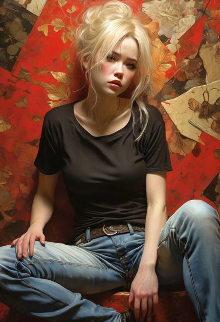 RAW Studio, (shot from above:0.7) dutch angle Photograph, beautiful blond haired lady wearing jeans and a black tee shirt, hyperdetailed texture, in the style of realism, photograph taken with provia, emotional and dramatic scenes, Kriengin, Brandon Wolfel, sharp focus, style of Jay Anacleto, Esao Andrews, complex background, Beautiful, Cinematic, Masterpiece, Cinematic film, hyper detailed vivid background, hyperreal digital illustration, masterpiece influenced by the styles of Anders Zorn and Pino Daeni, Aleksi Briclot, Jose Royo, Boris Vallejo, Julie Bell, Carne Griffiths and Brian Froud, Buck Brown, Russ Mills, Sakimichan, Wlop, Loish, Artgerm, Darek Zabrocki, Takato Yamamoto and Jean-Baptiste Monge