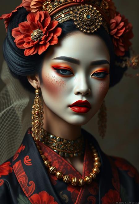 Beautiful african girl,  geisha, oriental damask ornaments, in the style of restrained palette, distressed materials, realistic color schemes, hieratic visionary, figura serpentinata, nicola samori, bold yet graceful , alexander McQueen fashion costume style, oil painting style