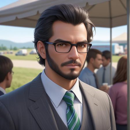 Portrait of \( Ferdinand Reyes \) waiting in the line: solo, 1boy, male focus, middle-aged, age:48, (black hair), ((gray sideburns)), brown eyes, black thin eyebrows, crocked nose, gray trimmed beard, glasses, formal attire, white collar shirt, buttoned, stripped blue and green tie, gray cloth jacket, genitle grim, outdoors, foodtruck line, (close-up:1.4), realistic, masterpiece, correct anatomy, sharp focus, field of view