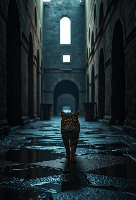 (Soft Lighting Photography by Mimoza Veliu and Mario Giacomelli:1.2), NSFW, A cat walking in a historical ruin, raining, moody, looking at camera, photorealistic rendering, moody chiaroscuro lighting