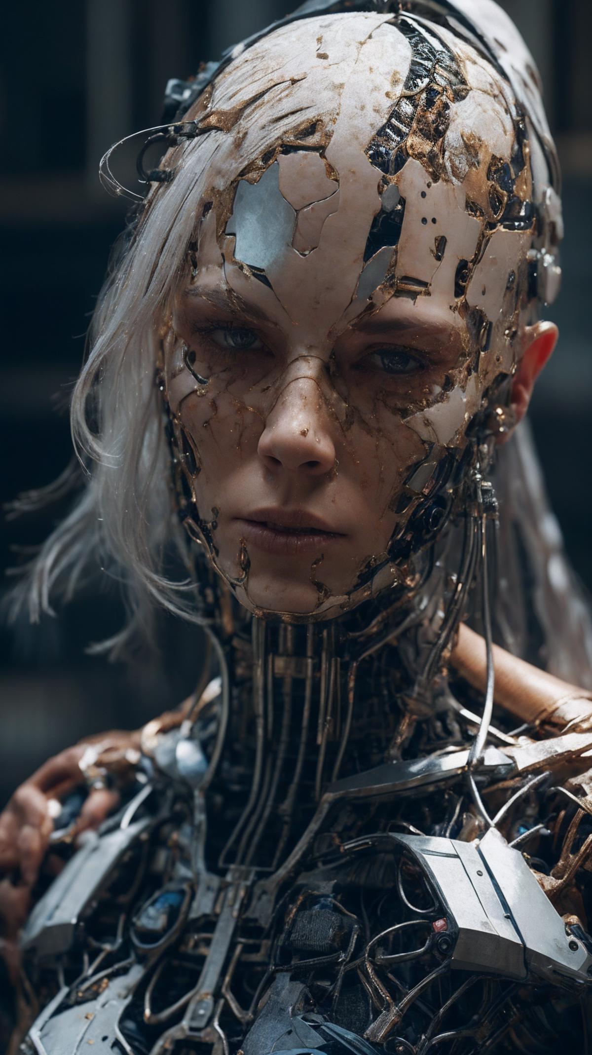 A cybernetic woman with white hair and blue eyes wearing a metallic mask and gold accents.