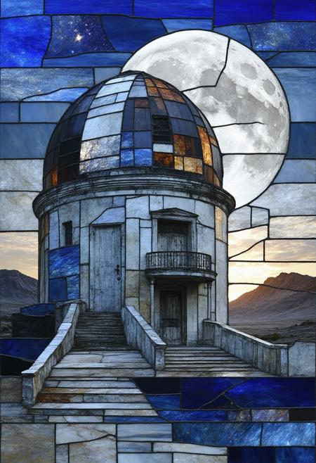 Construct a photorealistic depiction of a dilapidated observatory, rendered in a fractured Cubist style. The observatory's dome and telescope are deconstructed into shards of stained glass, each piece displaying a slightly different perspective and reflecting moonlight. The color palette is a stark contrast of deep indigo, burnt ochre, and polished silver, with sharp, overlapping lines and fragmented forms. Incorporate subtle gradients within each glass shard to mimic refracted light, blurring the line between abstract geometry and tangible reality. The overall composition should evoke a sense of lost knowledge and cosmic wonder.