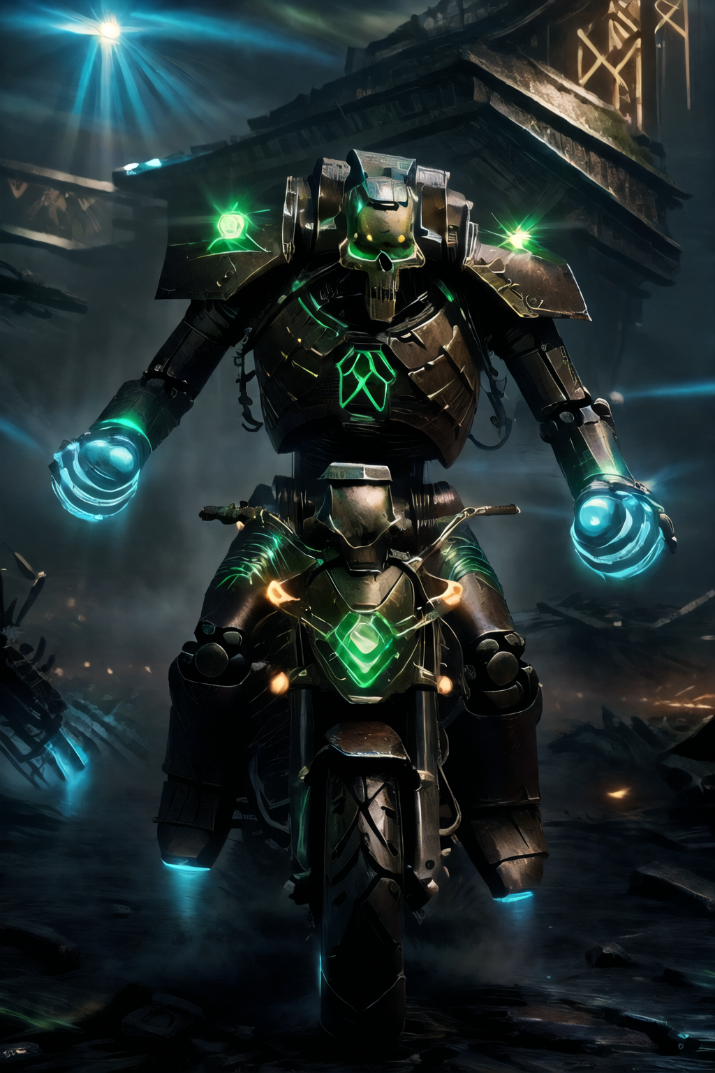 riding motorcycle, holding gun , a metallic humanoid skeleton robot warrior with GlowingRunes_green tatoos  <lora:GlowingRunesAIv4:1.3> <lora:necons:0.5>,glowing, armor, robot, helmet, necrons, <lora:lowra_v10:0.8> wide glowing eyes <lora:Legion of the Damned MK1 by CARAXES:0.7>