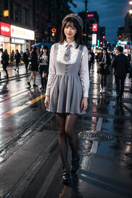 best quality, quality, masterpiece, photorealistic, 1girl, solo, long black hair, straight hair, blunt bangs, looking at viewer, smile, cyb dress, cyb shirt, cyb skirt, necktie, suspender skirt, suspenders, hat, black pantyhose, shoes, street, shop, sidewalk, city, night, neon light, crowd, colorful, <lora:dating_attire_style4_v1:0.65>