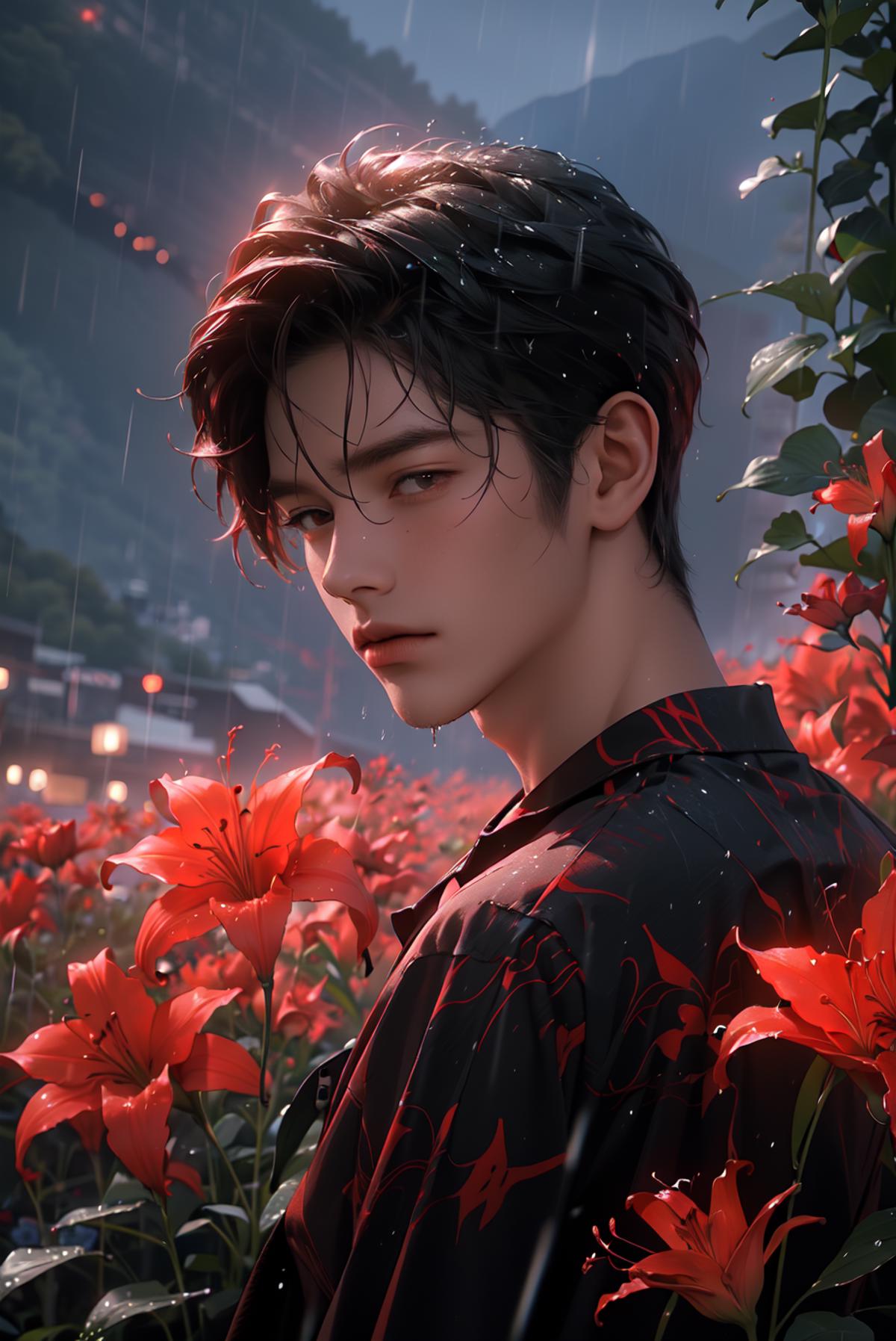 Artistic Drawing of a Young Man Standing in Flowers with Rainy Background