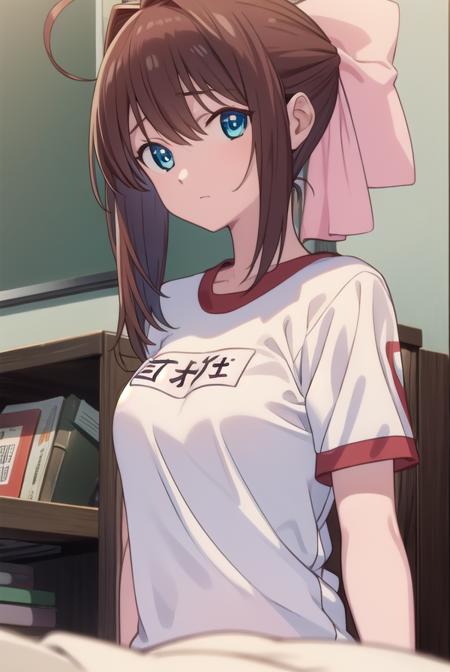 otomeasakura, <lora:otomeasakura-lora-nochekaiser:1>,
otome asakura, long hair, brown hair, bow, ahoge, hair bow, pink bow, blue eyes,
BREAK gym uniform, buruma, red buruma,
BREAK looking at viewer,
BREAK indoors, classroom,
BREAK <lyco:GoodHands-beta2:1>, (masterpiece:1.2), best quality, high resolution, unity 8k wallpaper, (illustration:0.8), (beautiful detailed eyes:1.6), extremely detailed face, perfect lighting, extremely detailed CG, (perfect hands, perfect anatomy),